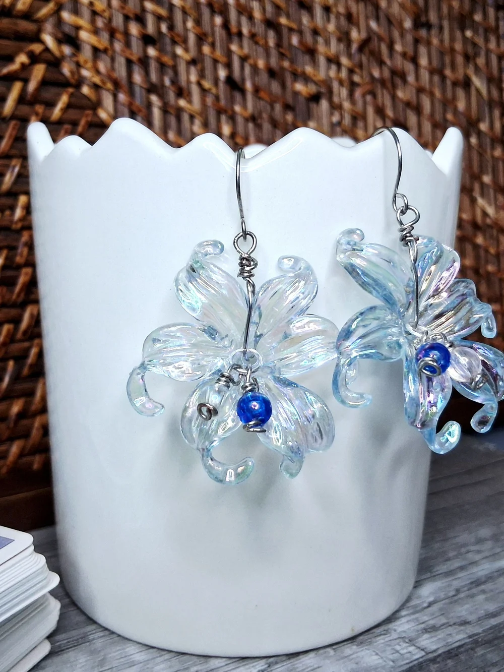 Iridescent Light Blue Lily Flower Glass Earrings with Blue Accent